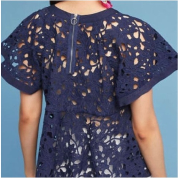 Anthropologie Eri + Ali Remy Navy Eyelet Lace Peplum Top- Size Small - Picture 3 of 14